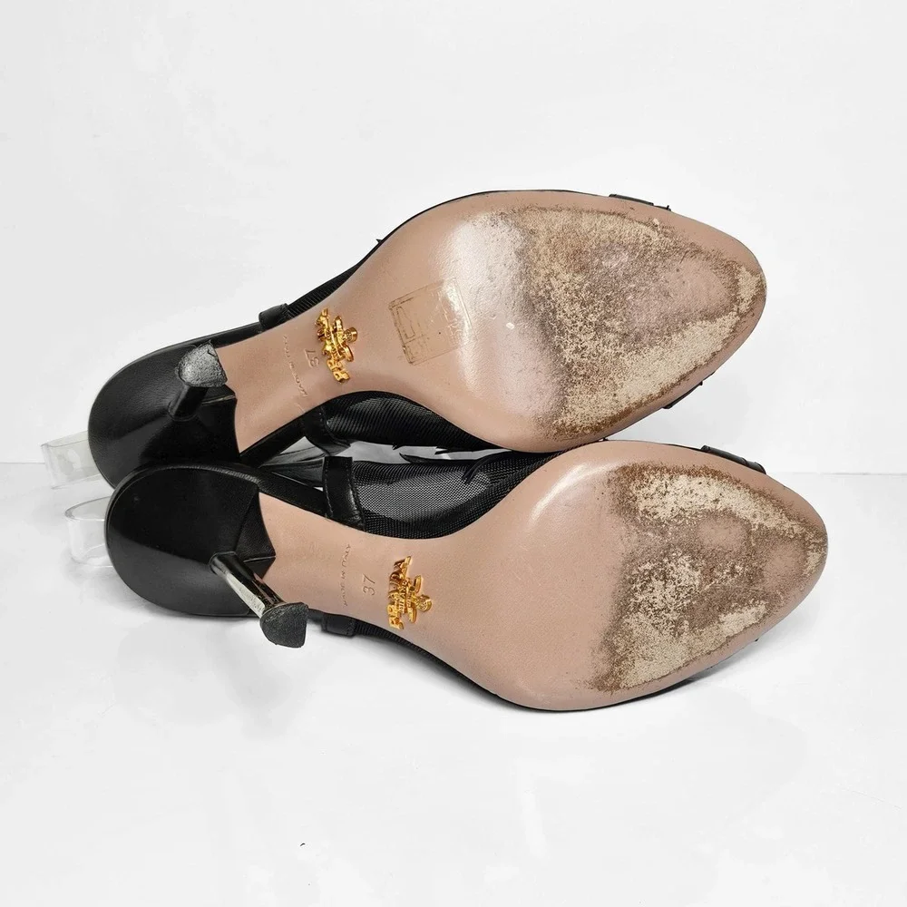 PRADA Black Leather Lightning Bolt Mesh Accents‎ Slingback Pumps Size 6.5 | 37
